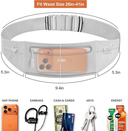 Slim Running Belt for Men Women - No-Bounce Phone Holder Waist Pack, Runners Fanny Pack with Sweat-Proof Pocket ，Travel Money Pouch for Gym/Hiking/Cycling (Light Gary)