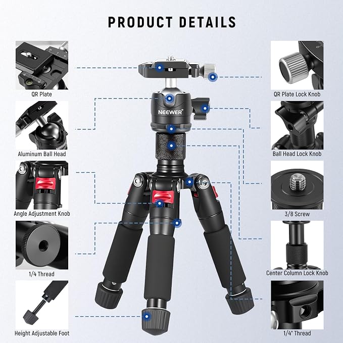 NEEWER Portable Travel Mini Tabletop Tripod, Aluminum Alloy 20''/ 50cm Desktop Desk Tripod with 360 Degree Ball Head, 1/4" Quick Shoe Plate for DSLR Camera Video Camcorder, Max Load 11 lb/5 kg