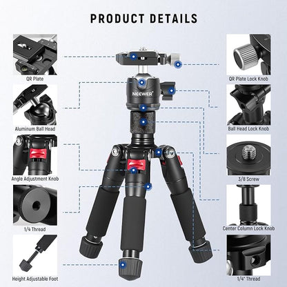 NEEWER Portable Travel Mini Tabletop Tripod, Aluminum Alloy 20''/ 50cm Desktop Desk Tripod with 360 Degree Ball Head, 1/4" Quick Shoe Plate for DSLR Camera Video Camcorder, Max Load 11 lb/5 kg