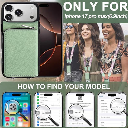 XANGNIER Wallet Case for iPhone 17 Pro Max with Strap, RFID Blocking PU Leather Crossbody Phone Purse with Card Holder, Zipper Pocket, Wrist Strap & Adjustable Lanyard for Women 6.9" 5G,Green