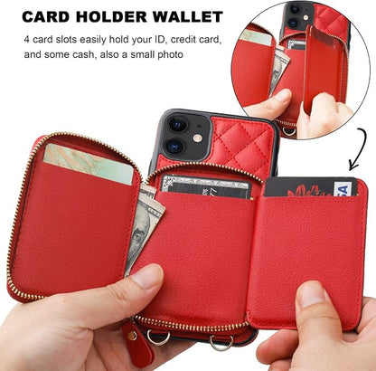 Bocasal Crossbody Wallet Case for iPhone 11, RFID Blocking PU Leather Zipper Handbag Purse Flip Cover, Kickstand Folio Case with Card Slots Holder Wrist Strap Lanyard 6.1 Inch (Red)