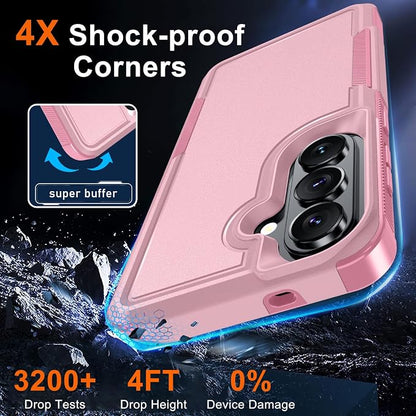 for Samsung Galaxy S26 Case with Screen Protector+Camera Lens Cover,Military Grade Heavy Duty Shockproof Phone Cover with Wrist Lanyard Strap for Samsung S26,Cute Pink