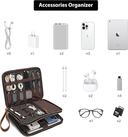 LANNSYNE Full Grain Leather Travel Cable Accessories Bag, Electronic Organizer Carry Case Double Layer Storage Case for Cables, Charger, Phone, Power Bank
