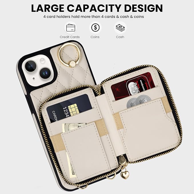 Keallce Case for iPhone 15 Plus 6.7'' Wallet Case, Crossbody Zipper Purse with Handbag Wristlet for Women, RFID Blocking Card Holders, 360° Ring Kickstand Flip Leather Cover for iPhone 15 Plus, Beige