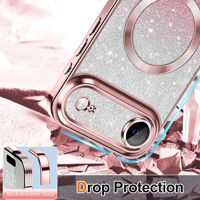 Hython for iPhone Air Case Glitter Clear Magnetic Phone Cases [Compatible with MagSafe] Full Camera Lens Protector Sparkle Luxury Plating Slim Shockproof Protective Cover Women, Gradient Pink
