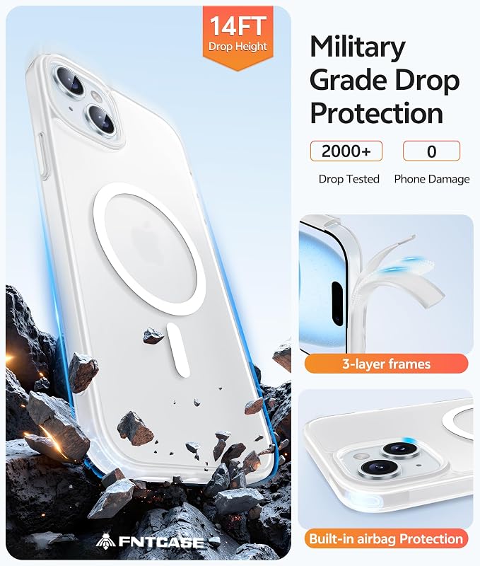 FNTCASE for iPhone 15 Case: for iPhone 14 Case & iPhone 13 Case [Compatible with Magsafe] Translucent Matte Cases with [Screen Protector] Military Grade Shockproof Protective Phone Cover - White
