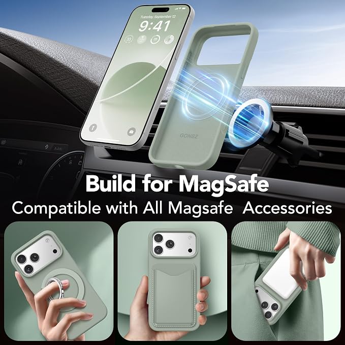 GONEZ Magnetic for iPhone 17 Pro Case, Compatible with MagSafe, [Screen Protector + Camera Lens Protector], Liquid Silicone Anti-Scratch Shockproof Protective Phone Case 6.3 inch, Light Green