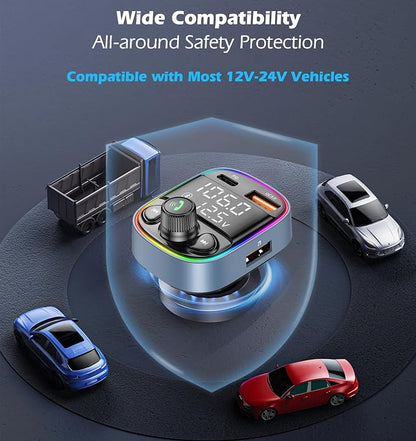 LIHAN Bluetooth 5.4 Bluetooth Car Adapter, FM Transmitter with QC3.0/Type-C 42W Fast Charging, Dual LED Display, HiFi Bass, Handsfree Calls/Audio Transmitter, TF/USB Music Player, 7-Color Backlit
