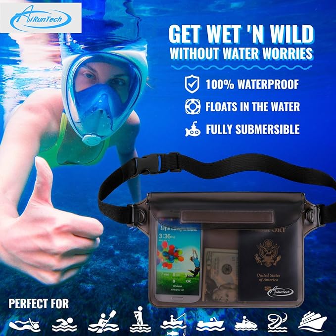 AiRunTech Beach Waterproof Gear Combo Pack, Protect Phone Wallet Passpor Valuables Safe, Cruise Travel Vacation Essentials(Floating Large Phone Pouch + Black Fanny Pack)