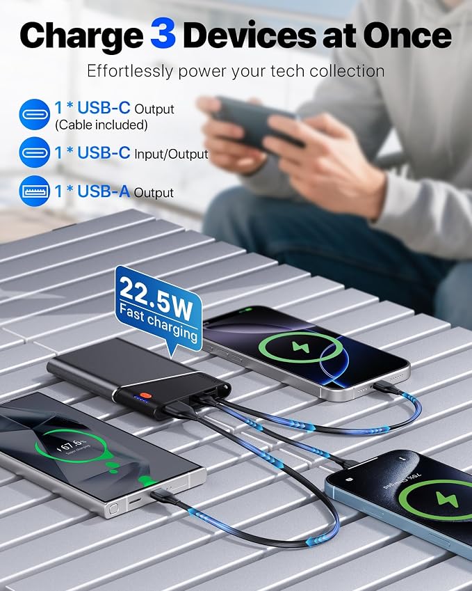 Aaoyun 10000mAh Portable Power Bank, 22.5W PD Fast Charging Battery Pack with Built-in USB-C Cable, Ultra-Slim External Phone Charger for iPhone 17/16/15, Samsung Galaxy S24, Android (Grey)