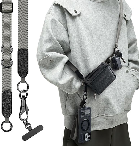 Phone Lanyard Crossbody, Clip and Go Phone Strap Crossbody, Adjustable Cell Phone Strap with Detachable Pouch for All Smartphones, Gray