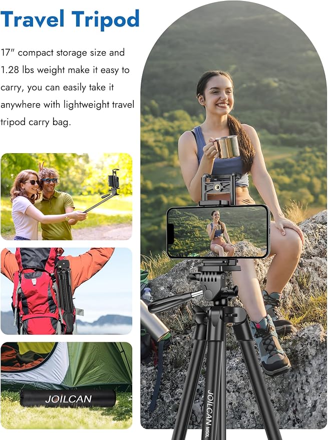 JOILCAN 67" Tripods Camera Tripod, Phone Tablet Tripod for Video Recording Vlog Photo with Remote Carry Bag, Aluminum Lightweight Travel Tripods