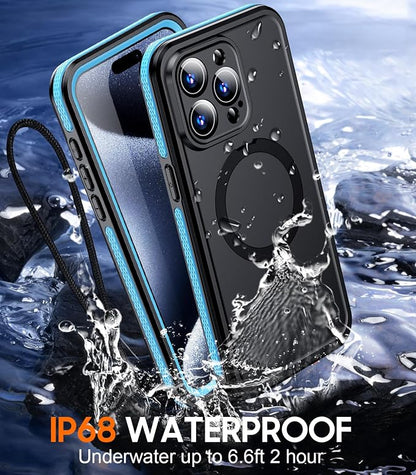 Temdan Magnetic for iPhone 15 Pro Max Case Waterproof, [Built-in Ring Invisible Stand & Screen Protector][IP68 Underwater][Dropproof][Dustproof][Real 360] Shockproof Protective Phone Case 6.7'' -Blue