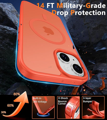 FNTCASE for iPhone 15 Case: for iPhone 14 Case & iPhone 13 Case [Compatible with Magsafe] Translucent Matte Cases with [Screen Protector] Military Grade Shockproof Protective Phone Cover - Orange