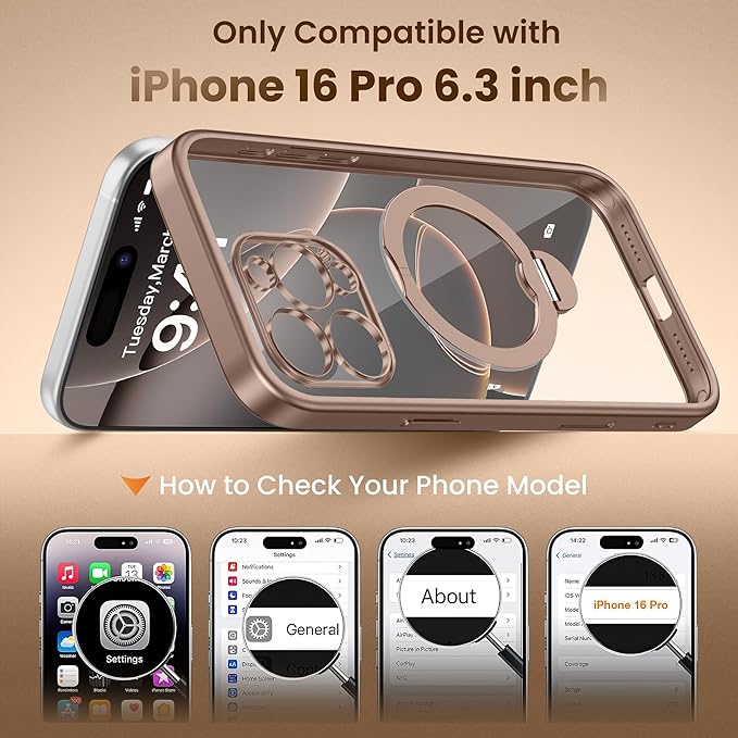 GolbinBox for iPhone 16 Pro Case with 360° Spin Magnetic Stand,[Compatible with Magsafe] [Military Protection][Built-in Ring Holder] Camera Control Phone Case for 16 Pro,Desert Titanium/Clear