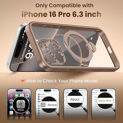GolbinBox for iPhone 16 Pro Case with 360° Spin Magnetic Stand,[Compatible with Magsafe] [Military Protection][Built-in Ring Holder] Camera Control Phone Case for 16 Pro,Desert Titanium/Clear