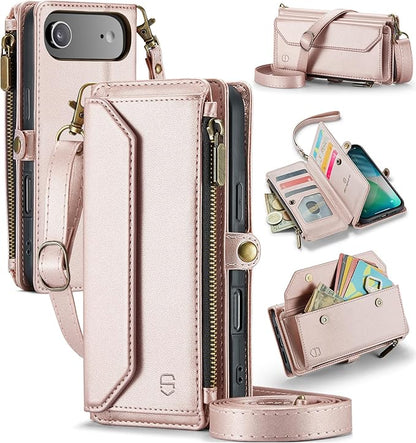 Strapurs Wallet Case Compatible with iPhone Air 6.5" RFID Blocking 10-Card Holder Soft PU Leather Magnetic Snap Shoulder Strap Zipper Pocket Phone Case Fit for iPhone 17 Air for Women - Rose Gold