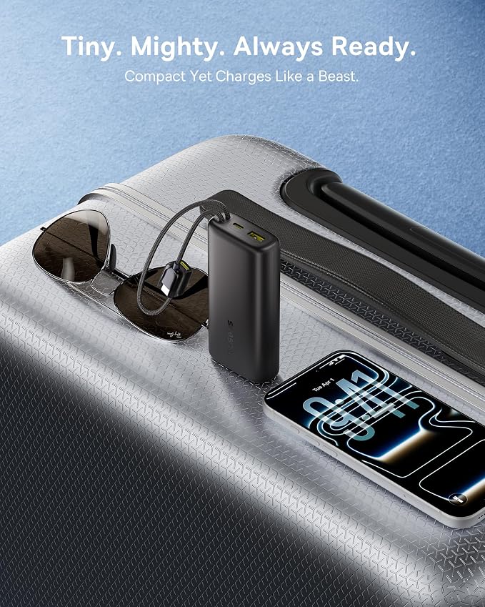 Baseus Mini Power Bank Fast Charging 67W, 10000mAh Small Portable Phone Charger Built-in Dual USB C Braided Cable, Travel Essential Battery Pack for iPhone 17/16/15, iPad, Samsung Galaxy S25/S24 etc.