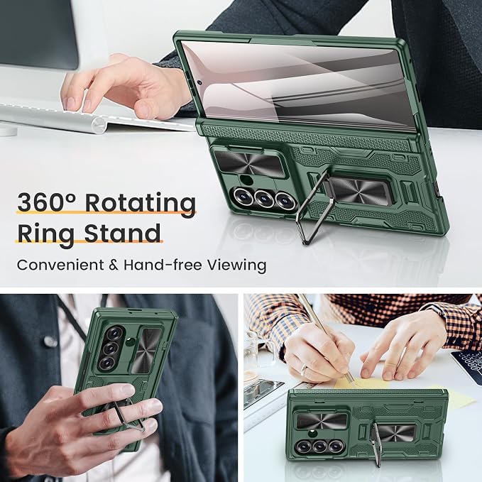 VEGO Case for Z Fold 7 with Rotating Kickstand & Hinge Protectior, Green | Built-inScreen Protector & Slide Camera Cover Anti-Fall Protective Military Grade Shockproof Hard Case for Samsung Fold7