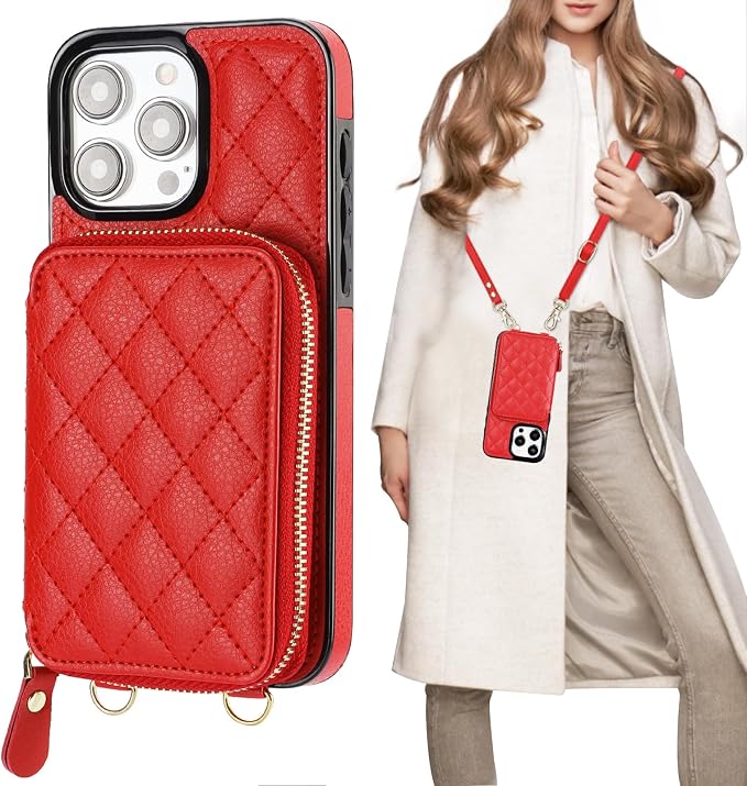 Bocasal Crossbody Wallet Case for iPhone 15 Pro Max, RFID Blocking PU Leather Zipper Handbag Purse Flip Cover, Kickstand Folio Case with Card Slots Holder Wrist Strap Lanyard 5G 6.7 Inch (Red)
