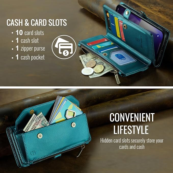 Strapurs Wallet Case Compatible with iPhone 17 Pro Max 6.9" RFID Blocking 10-Card Holder Soft PU Leather Magnetic Snap Shoulder Strap Zipper Pocket Phone Case Fit for iPhone 17 Pro Max - Blue Green