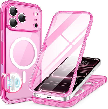 BERFY for iPhone 17 Pro Case, Compatible with MagSafe, Built-in Glass Screen Protector, Camera Protection, Shockproof Full Body Phone case 6.3", Clear Bright Pink