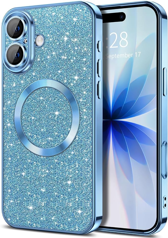 Hython for iPhone 17 Case Glitter Clear Magnetic Phone Cases [Compatible with MagSafe] Full Camera Lens Protector Sparkle Luxury Plating Slim Shockproof Protective Cover Women, Light Blue
