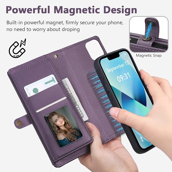 Wallet Case for iPhone 13 with Card Holder/Crossbody Wallet/Strap| RFID Blocking | Magnetic | Kickstand | Detachable | PU Leather Phone Case for iPhone 13,6.1 in,Purple