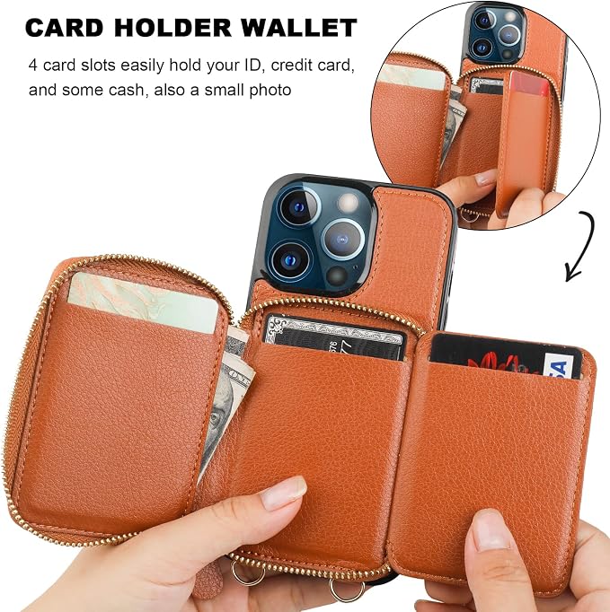 Bocasal RFID Blocking Wallet Case for iPhone 13 Pro, Adjustable Crossbody Zipper Purse Case Card Holder with Kickstand Detachable Wrist Strap, PU Leather Flip Folio Case 6.1 Inch 5G (Brown)