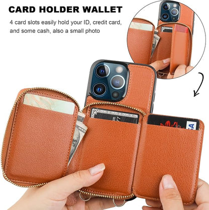 Bocasal RFID Blocking Wallet Case for iPhone 13 Pro, Adjustable Crossbody Zipper Purse Case Card Holder with Kickstand Detachable Wrist Strap, PU Leather Flip Folio Case 6.1 Inch 5G (Brown)