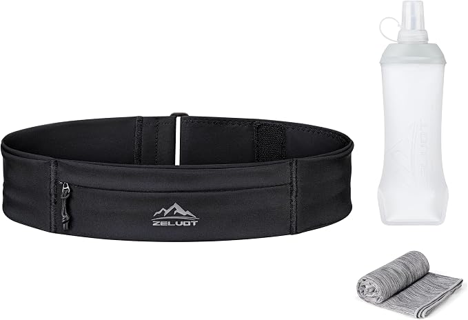 Zelvot Running Belt with 400ml Soft Flask, Adjustable Running Fanny Pack with Phone Holder and Gym Towel, WaterProof Belt Bag for Women Men for Jogging Hiking Marathon (Black, Small)