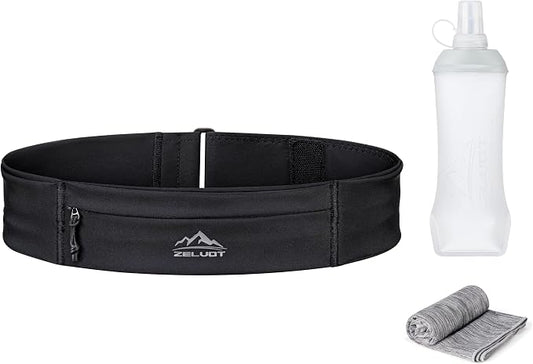 Zelvot Running Belt with 400ml Soft Flask, Adjustable Running Fanny Pack with Phone Holder and Gym Towel, WaterProof Belt Bag for Women Men for Jogging Hiking Marathon (Black, Small)