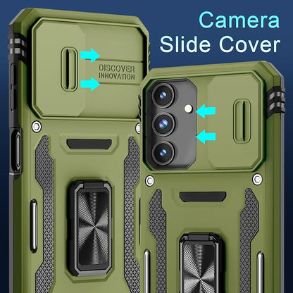DEERLAMN Case for Samsung Galaxy A15 5G with Slide Camera Cover+Screen Protector (1 Pack), Rotated Ring Kickstand Military Grade Shockproof Protective Cover-Olive Green