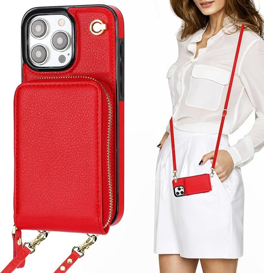 KIHUWEY Crossbody Wallet Case for iPhone 15 Pro Max, Zipper Pocket Case with Card Holder, PU Leather RFID Blocking Protective Cover with Kickstand and Detachable Wrist Strap Lanyard - 6.7" (Red)