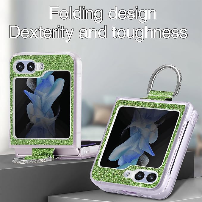 Bling Glitter Case for Samsung Galaxy Z Flip 6 with Ring Holder,Women Girls Cute Phone Case Non Slip Ultra Slim TPU Bumper Shockproof Protective Case for Galaxy Z Flip 6 5G 2024,Green
