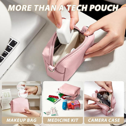 Small Tech Pouch, Waterproof Electronics Travel Case with Carabiner, Compact Cable Organizer Bags & Cases for Chargers, Power Banks, Hard Drives, Earbuds, Cords and Digital Accessories (Pink)