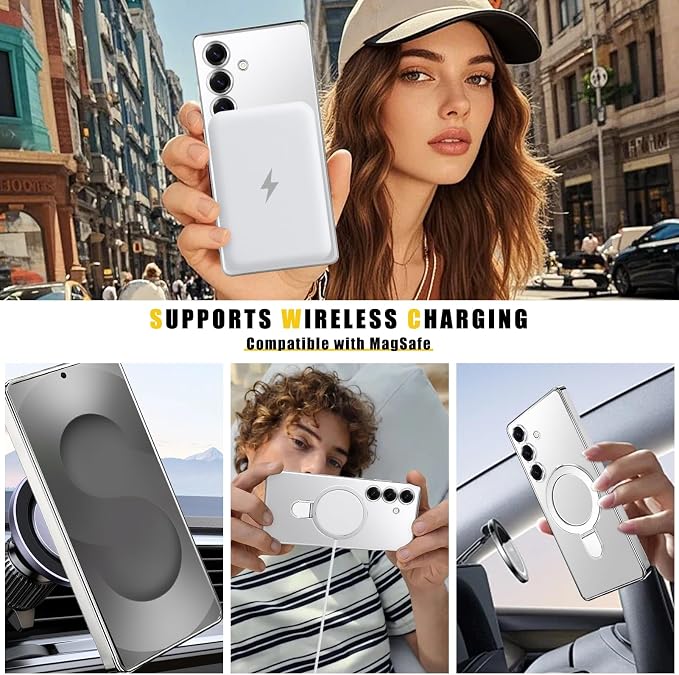 Magnetic Case for Samsung Galaxy S25 Case Stand & Ring Holder Compatible with MagSafe Built-in Camera Lens Protector Shockproof Phone Case for Samsung S25 - Silver