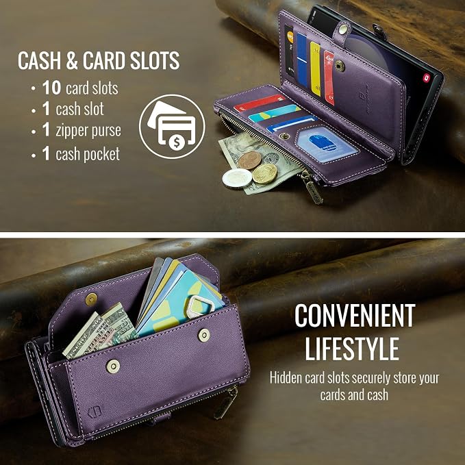 Strapurs Crossbody Wallet Case Compatible with Samsung Galaxy S22 Ultra 5G RFID Blocking 10-Card Holder Soft PU Leather Magnetic Snap Strap Zipper Pocket Phone Case Fit for Galaxy S22 Ultra - Purple
