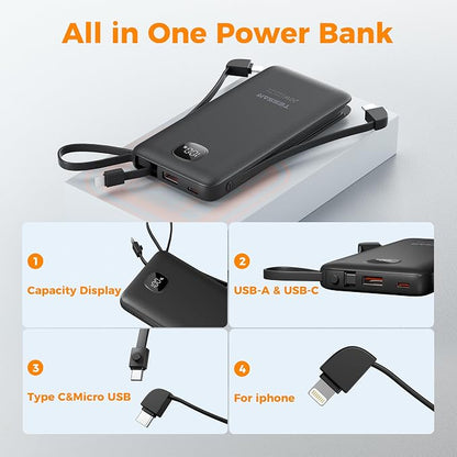TESSAN Portable Charger with Built in Cables, 10000mAh Power Bank Fast Charging with Foldable AC Plug, PD20W Compact Battery Pack Travel Essentials for iPhone 17/16/15 Series, Samsung, Tablets, Black
