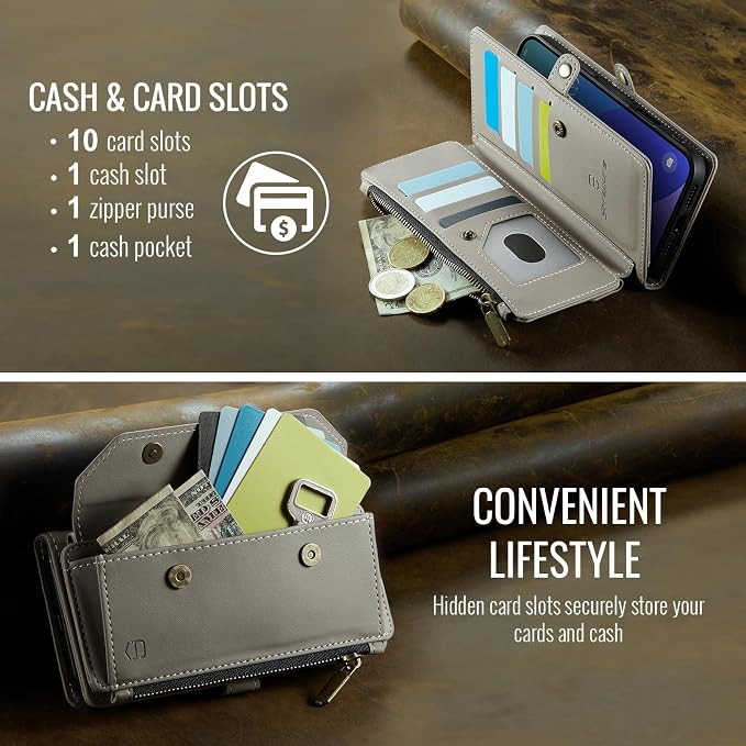 Strapurs Wallet Case Compatible with iPhone 16 Plus 6.7" RFID Blocking 10-Card Holder Soft PU Leather Magnetic Snap Shoulder Strap Zipper Pocket Phone Case Fit for iPhone 16 Plus - Grey