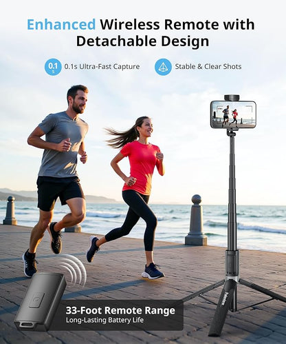 Selfie Stick Travel Tripod for iPhone Wireless Remote for Selfies, Extendable Selfie Stick for iPhone, iPhoneTripod for Video Recording, 60 inch, Black