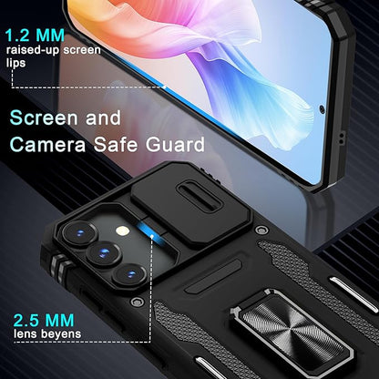 DEERLAMN Case for Samsung Galaxy S24 FE 6.7-Inch with Slide Camera Cover+Screen Protector(1 Pack), Rotated Ring Kickstand Military Grade Shockproof Protective Cover-Black