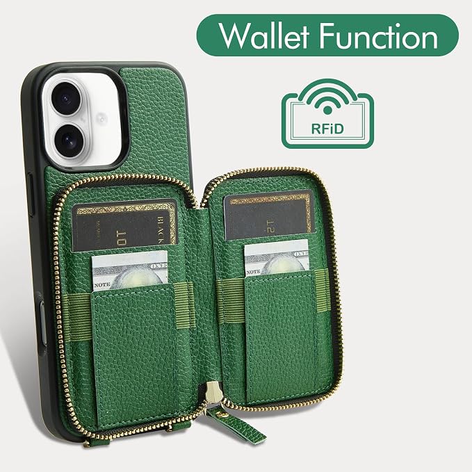 ZVE for iPhone 16 Wallet Case, Leather Crossbody Phone Purse Case with Card Holder, Protective Flip Case for iPhone 16 6.1" Dark Green