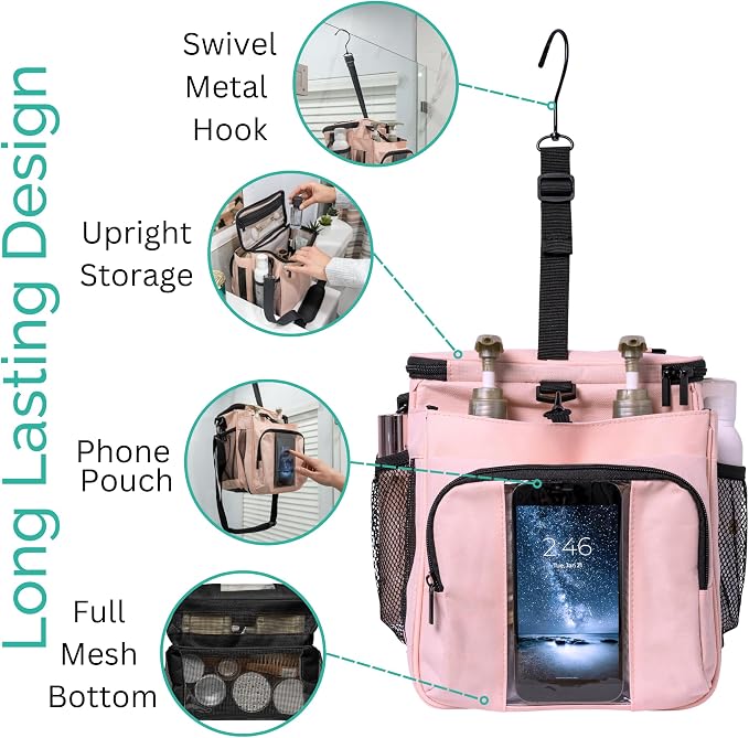 TERRA HOME XL Portable Shower Caddy Bag for Girls with Extra Storage, Durable Mesh Bottom, Shoulder Strap, Keychain Holder Shower Caddy Case for College Dorms - Travel Vacation Essentials (Blush Pink)