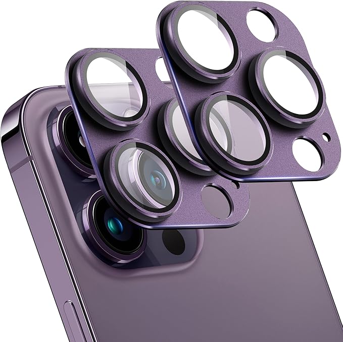 2 Pack Camera Lens Protector for iPhone 14 Pro/14 Pro Max,[Not Easy to Breakn ] AR Tempered Glass Strong Adsorption Metal Camera Cover Screen-Dark purple