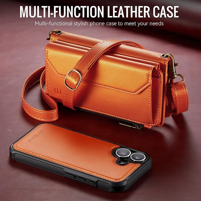 Strapurs for iPhone 17 Detachable Wallet Case Compatible with Magsafe for Women, RFID Blocking 9-Card Holder Zipper Wrist Strap Lanyard PU Leather Magnetic Phone Case for iPhone 17 6.3", Orange