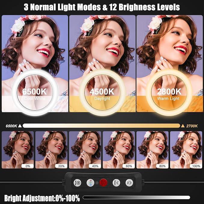 10.3" Ring Light with Tripod and Phone iPad Holder,Selfie Ring Light with 51 Color Mode,Circle Lighting for iPhone,Dimmable LED Phone Ringlight with Stand for Makeup/Video Recording/Photography/TikTok