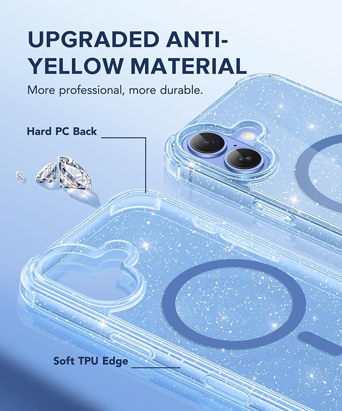 BERFY for iPhone 17 Case for Women, Clear Glitter Shockproof Protective Case, Anti-Yellowing, with Screen Protector & Camera Lens Protector 6.3", Magnetic Sparkle Blue