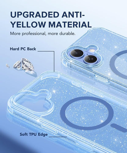 BERFY for iPhone 17 Case for Women, Clear Glitter Shockproof Protective Case, Anti-Yellowing, with Screen Protector & Camera Lens Protector 6.3", Magnetic Sparkle Blue