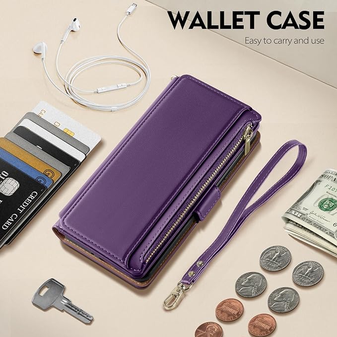 Antsturdy Compatible with iPhone 14 Wallet Case RFID Blocking,PU Leather Phone Case Women Men Flip Shockproof Cover with Wrist Strap Zipper Pocket Credit Card Holder Slots,for Apple 14 6.1" Purple